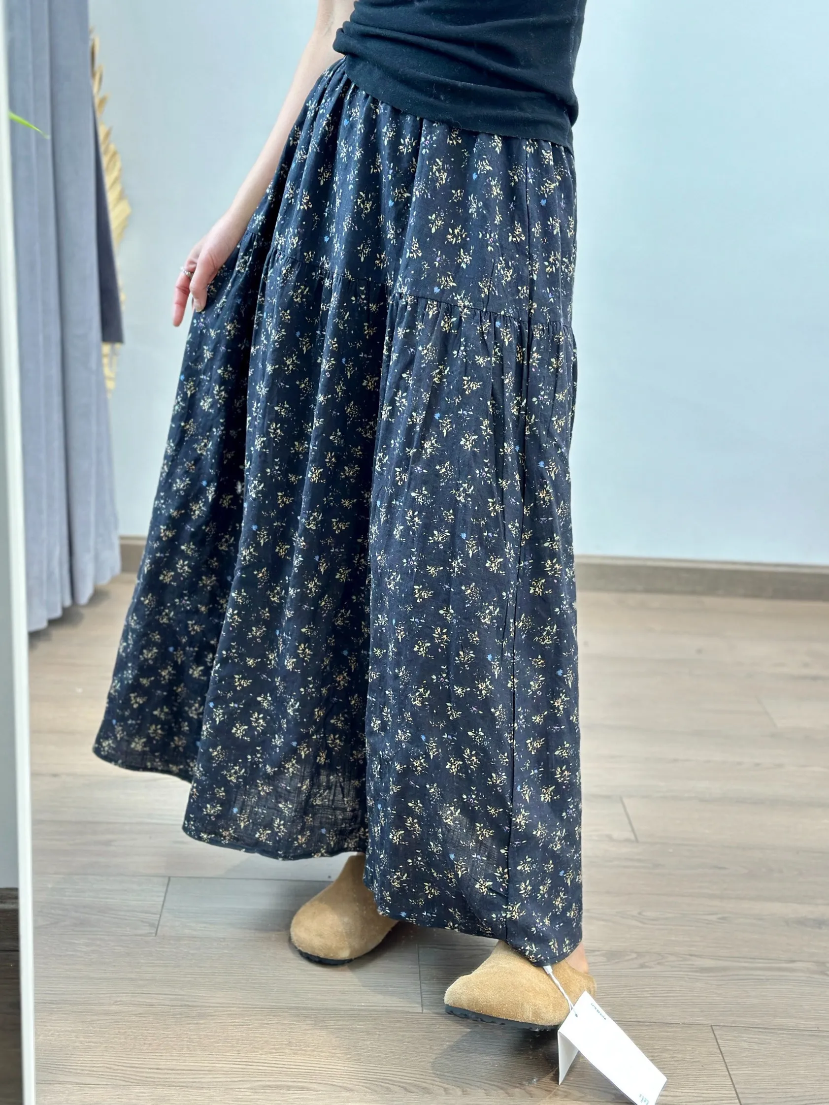 Saia midi casual com estampa floral evasê feminina plus size cintura elástica primavera verão novo Sle japonês high-end f-length S...