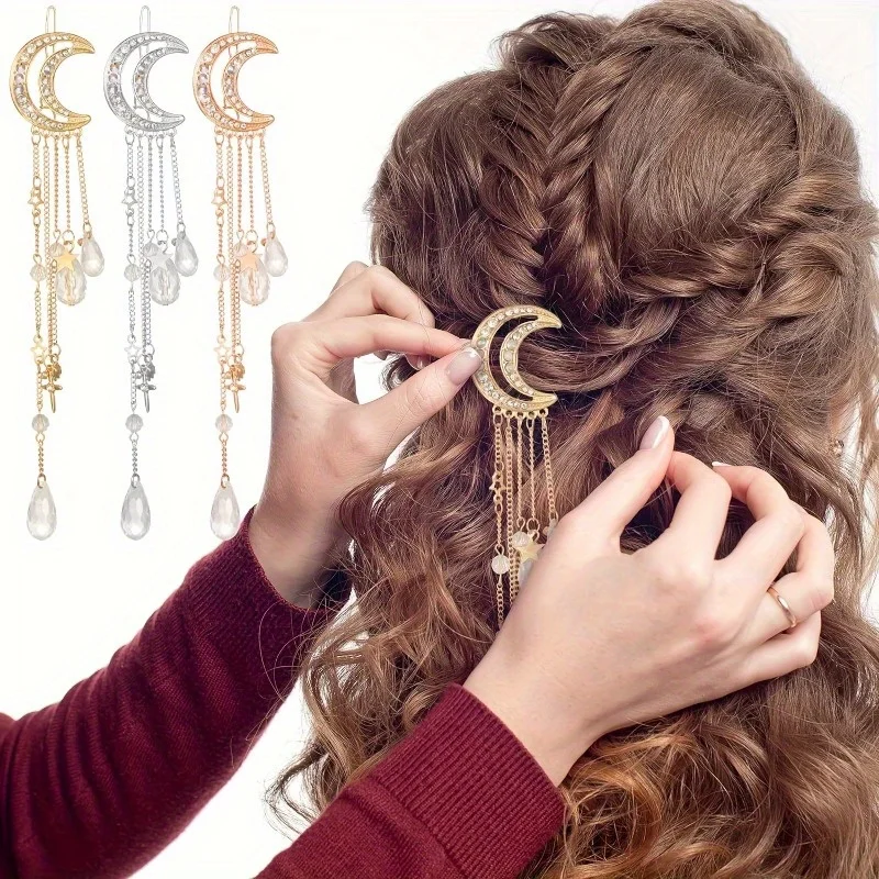 Modische Haaraccessoires: Mondförmiger Kristall-Haarschmuck, Halbmond-Fransen-Haarspange für Damen