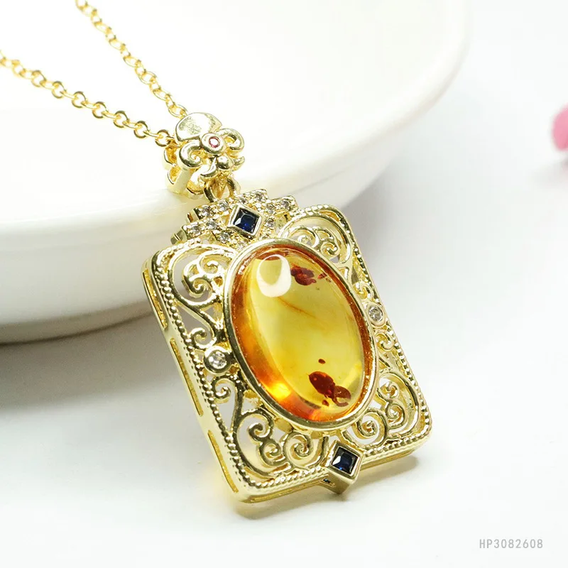 Natural amber pendant, flower amber no matter brand necklace, hollowed out retro.
