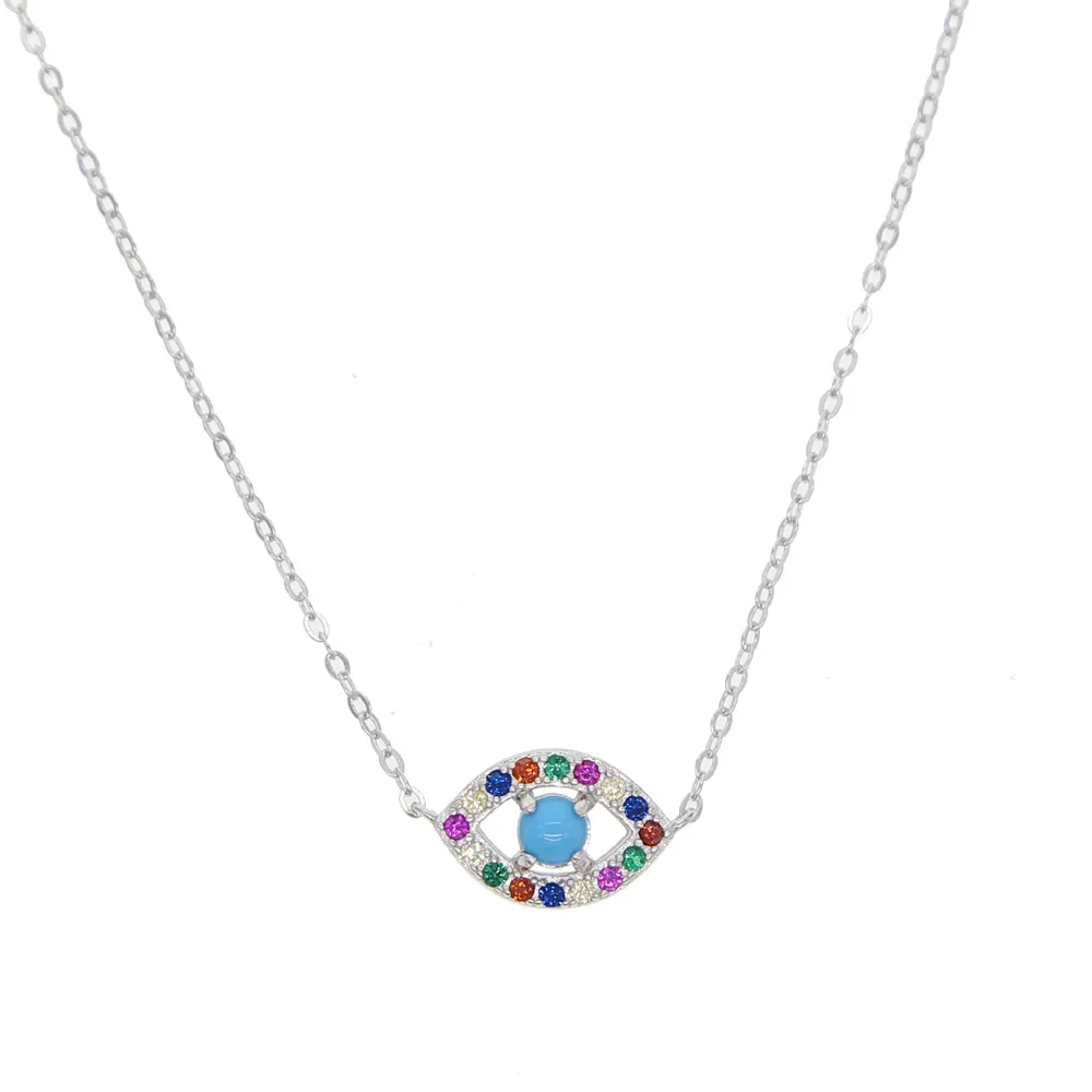 925 Sterling Silver Turkish Small Evil Eye with Colorful Cubic Zirconia and Turquoises Stone Pendant Necklaces Fashion Jewelry