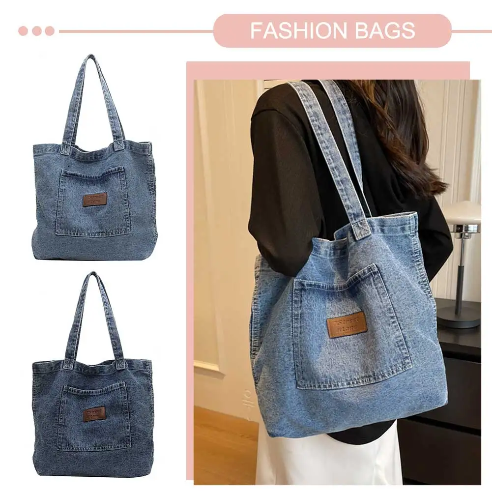 

Women Shoulder Bag Luxury Designer Denim Tote Bag Large Capacity Handbag Solid Color Underarm Bag Simple Female Commuter Handbag