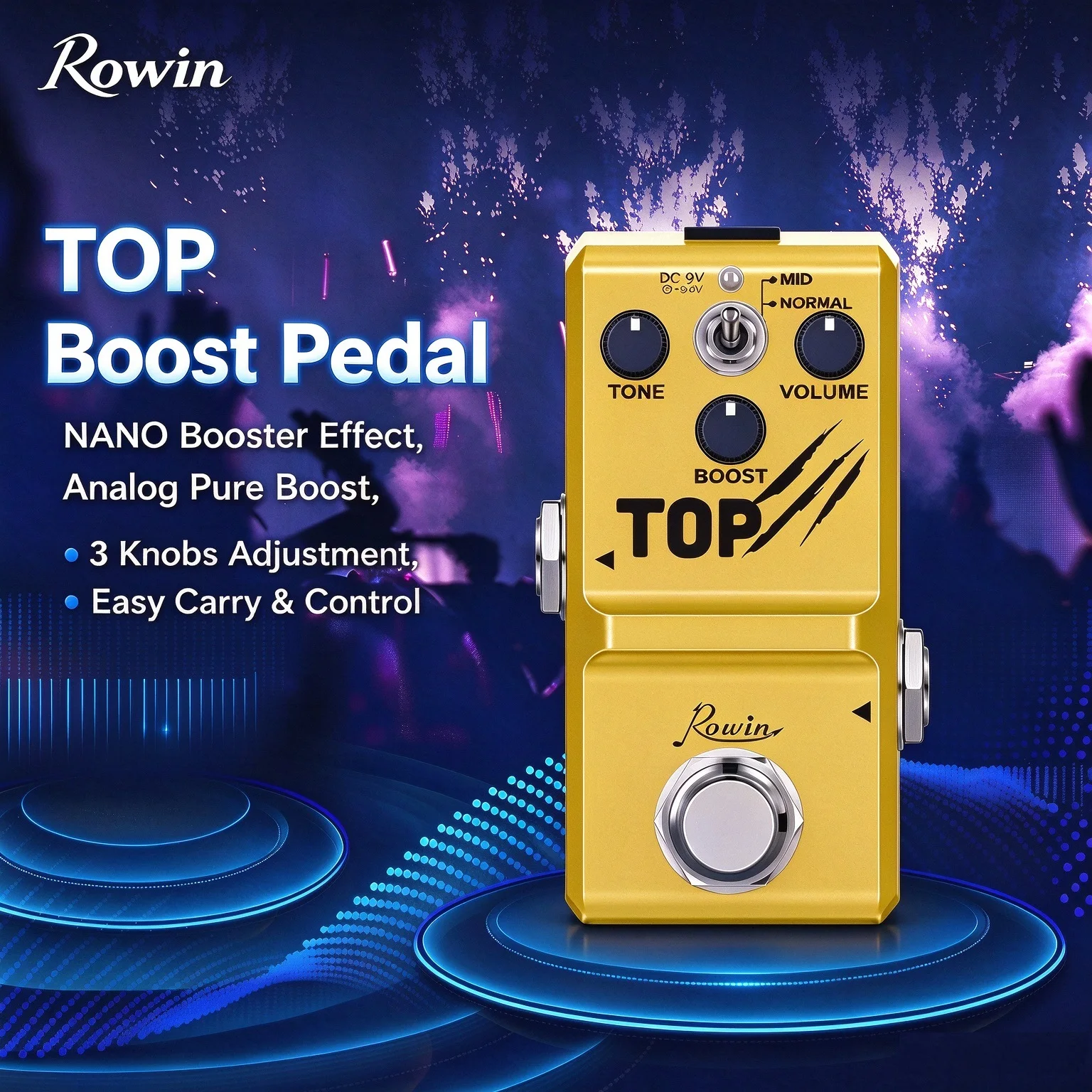 Rowin Gitarrenpedal Pure Booster Top Mini Effektpedal Analog Vintage Clean Boost Effektpedale für Gitarre Bass Metallgehäuse Gelb