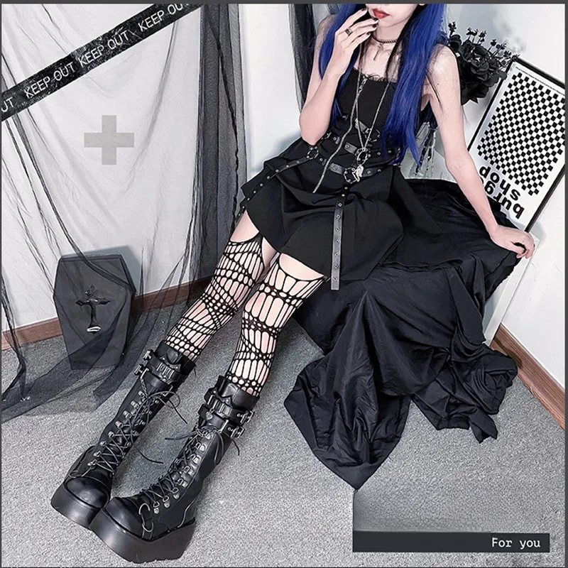 Metalowa klamra Chunky Platform Punk Boots Women 2024 Winter Gothic Thick Bottom Knee High Boots Woman Black Wedges Cosplay Shoes