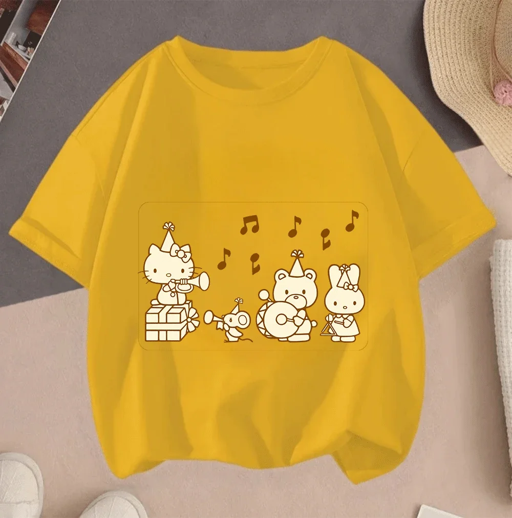 

2026 Summer New Hot Sale Hello Kitty Cartoon Print Casual Short Sleeve Tops For Kids Teenagers Girls Boys