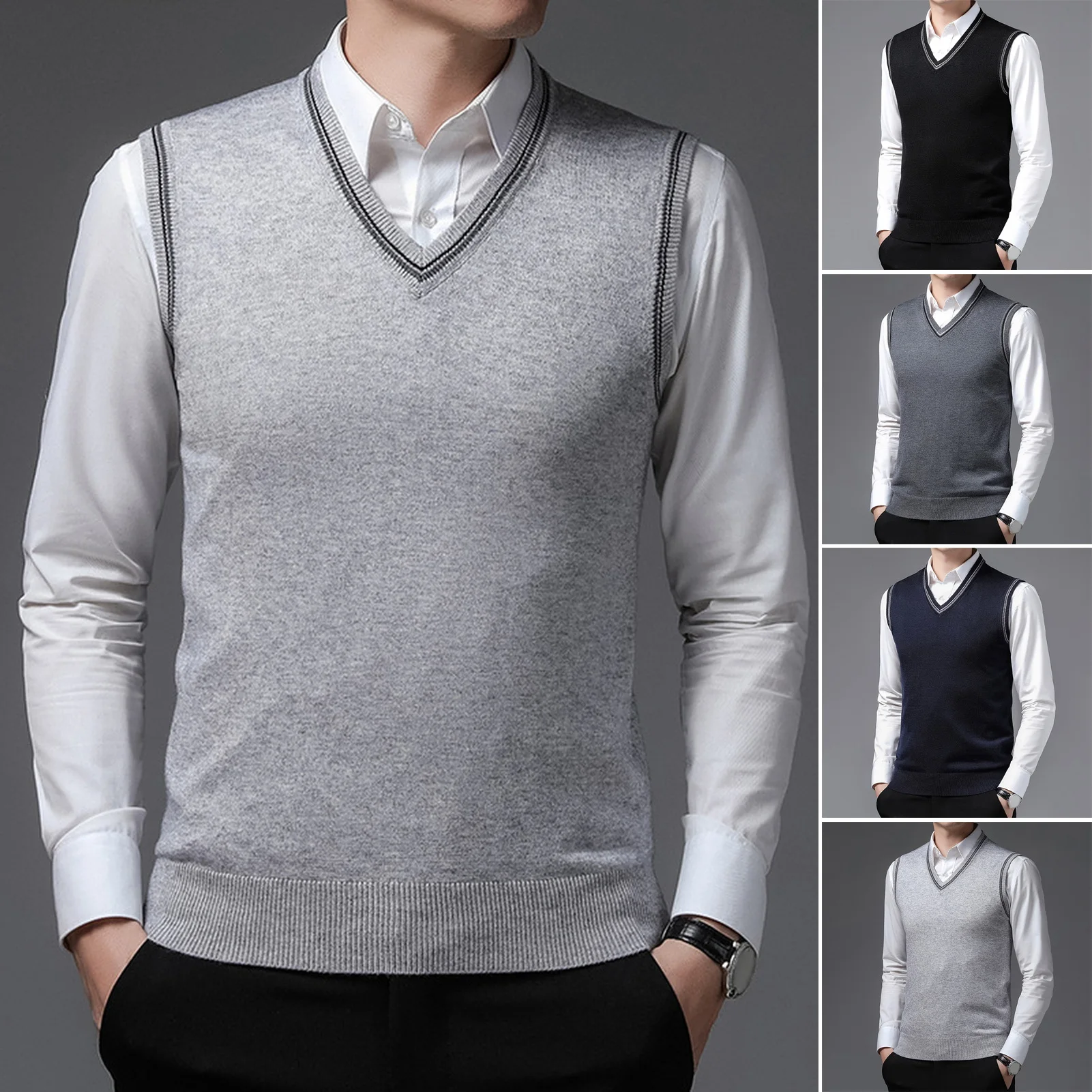 Sweater Vest Men Thicken V-neck Sleeveless Knitted Sweaters Vests Striped Retro Preppy-style Simple Chic Loose Casual All-match