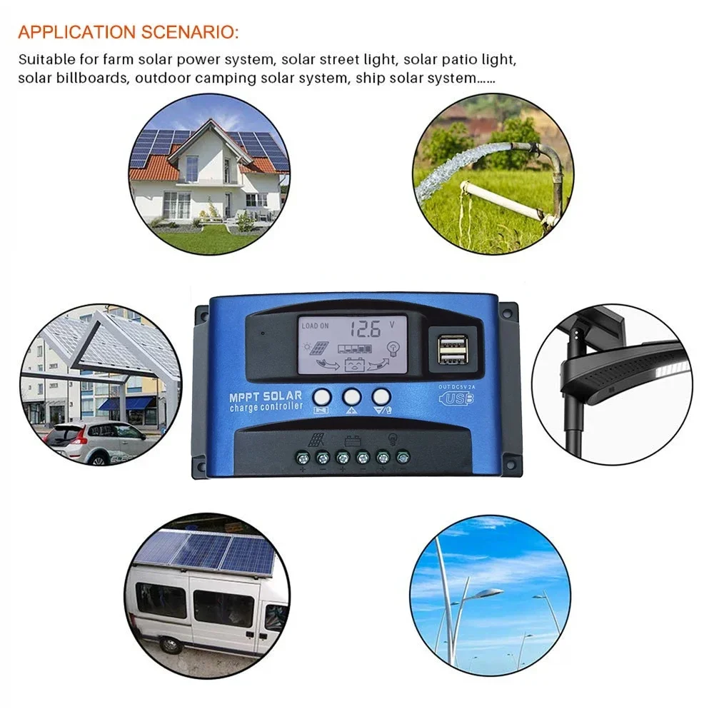 MPPT Solar Charge Controller PWM 100A 80A 60A 50A 40A 30A Photovoltaic Power Regulator Auto 12V/24V Dual USB LCD Load Discharger