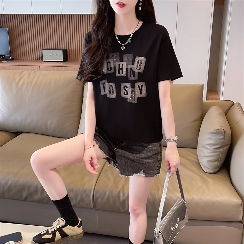 

Shoulder T-shirt women's short sleeve summer 2024 new all-match short loose top women's hot diamond fashion T-shirt