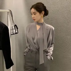 Women Spring Autumn Fashion Lacing Solid Color Satin V-neck Long Sleeve Shirts Ladies Simplicity All-match Office Lady Tops