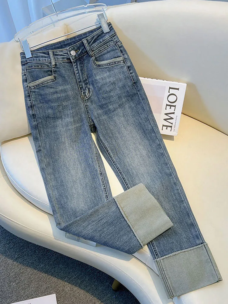 Chic Cuffs High Waist Straight Jeans Women Slim Casual Vintage Denim Pants Korean Streetwear Stretch Ankle Length Kot Pantolon