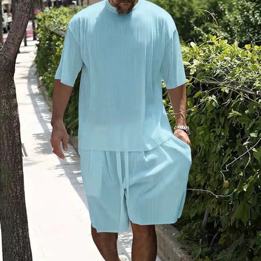 2025 Men's New Fashion Casual Sports Suit Summer Ice Silk Solid O-neck Vertical Stripe T-shirt Shorts Man Short Sleeve Tracksuit