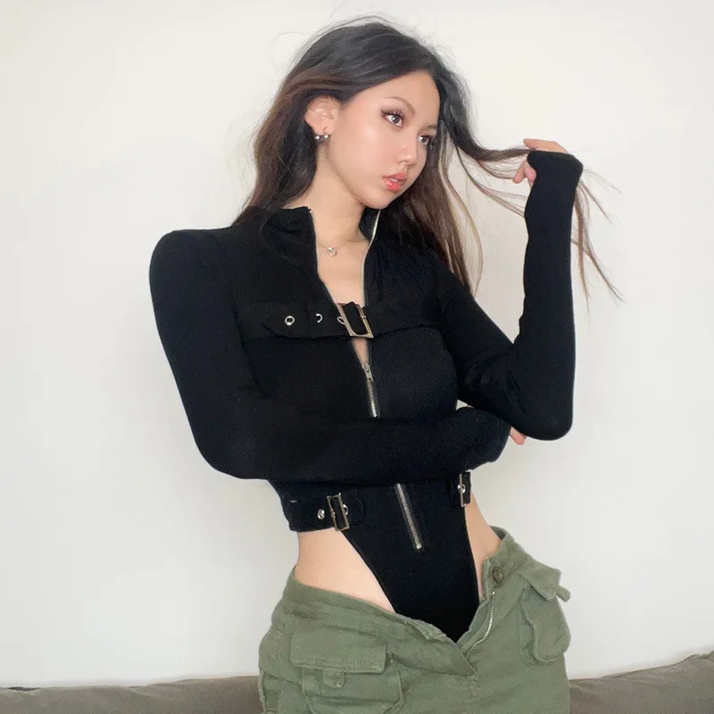 Sweet Cool Sports Style Metal Buckle Zipper Jumpsuit For Women High Waisted Split Collar Tight Fitting Long Sleeved Cardigan Top