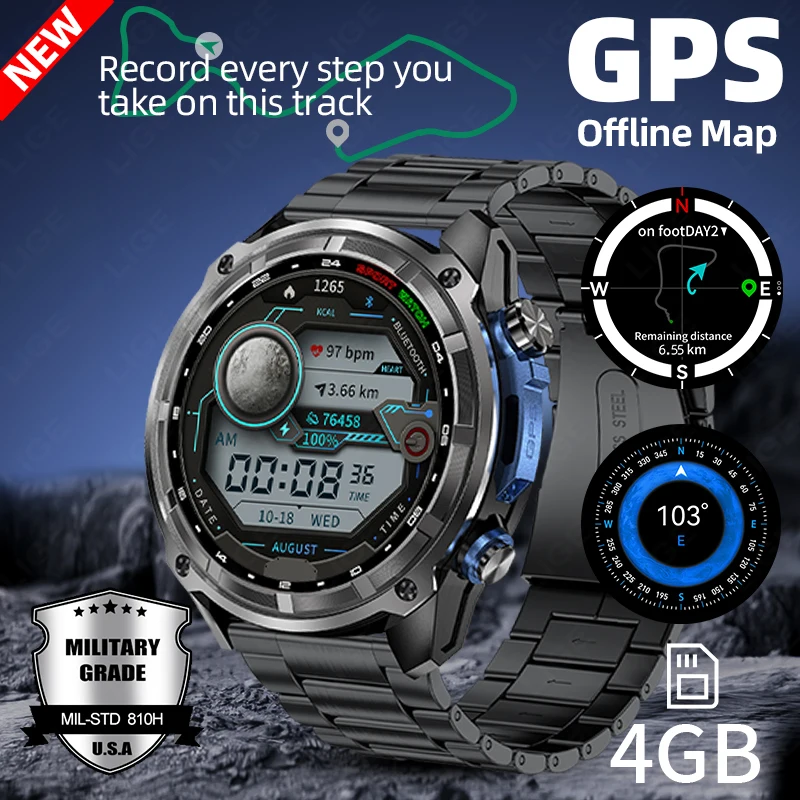 LIGE New Built-in GPS Smart Watch Men Positioning Outdoor Watches 860mah Large Battery Altitude Barometer Compass 4GB Smartwatch