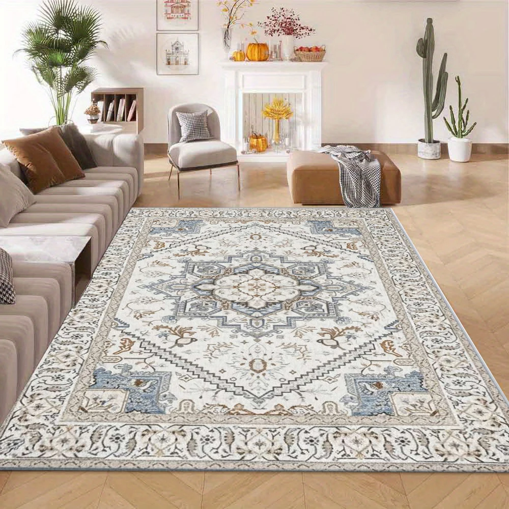 Vintage Oushak Style Area Rug Cream Blue Geometric Oriental Floral Floor Carpet for Living Room Bedroom Office Home Decoration