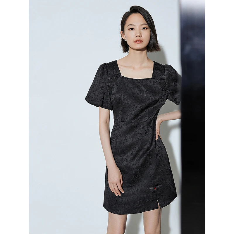 TOYOUTH 여성용 원피스 자카드 중국 스타일 치파오 하이 스플릿 스퀘어 넥 버프 슬리브, 슬림핏 밴디지 원피스, 2024 여름 신상