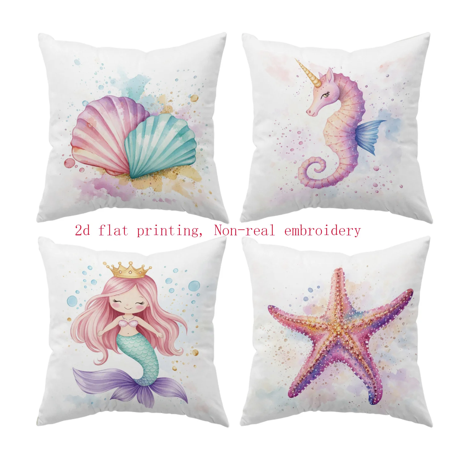 Set of 4 Ocean Mermaid & Seashell Throw Pillow Covers - Watercolor Beach Decor for Nursery or Bedroom