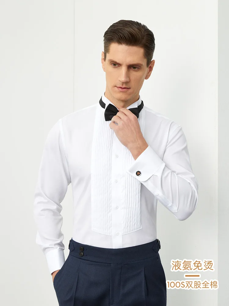 Men's Luxury Non-Iron Cotton Wing Tip Collar Tuxedo Shirt White Dress Shirt for Wedding Bridegroom Party
