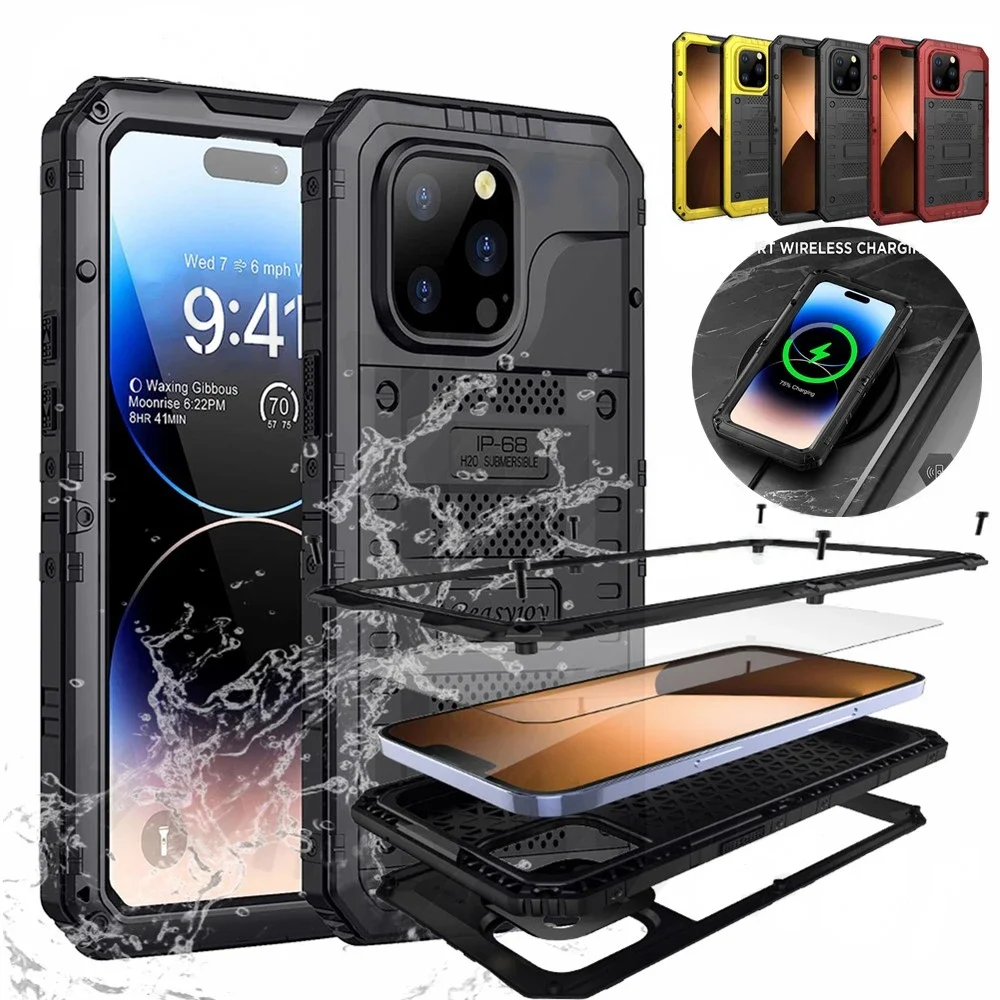 

Metal Waterproof Case for iPhone 14 Pro Max 14 Pro 13 Pro Max 12 11 Heavy Duty Kickstand IP68 Shockproof Screen Protector Covers