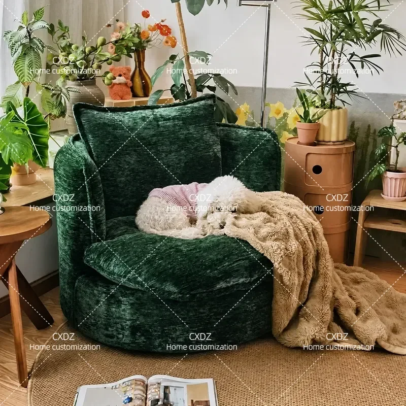 Lazy Comfortable Hamburger Sofa Casual Single Chair Removable Washable Green Chenille Medieval Style for Balcony Bedroom