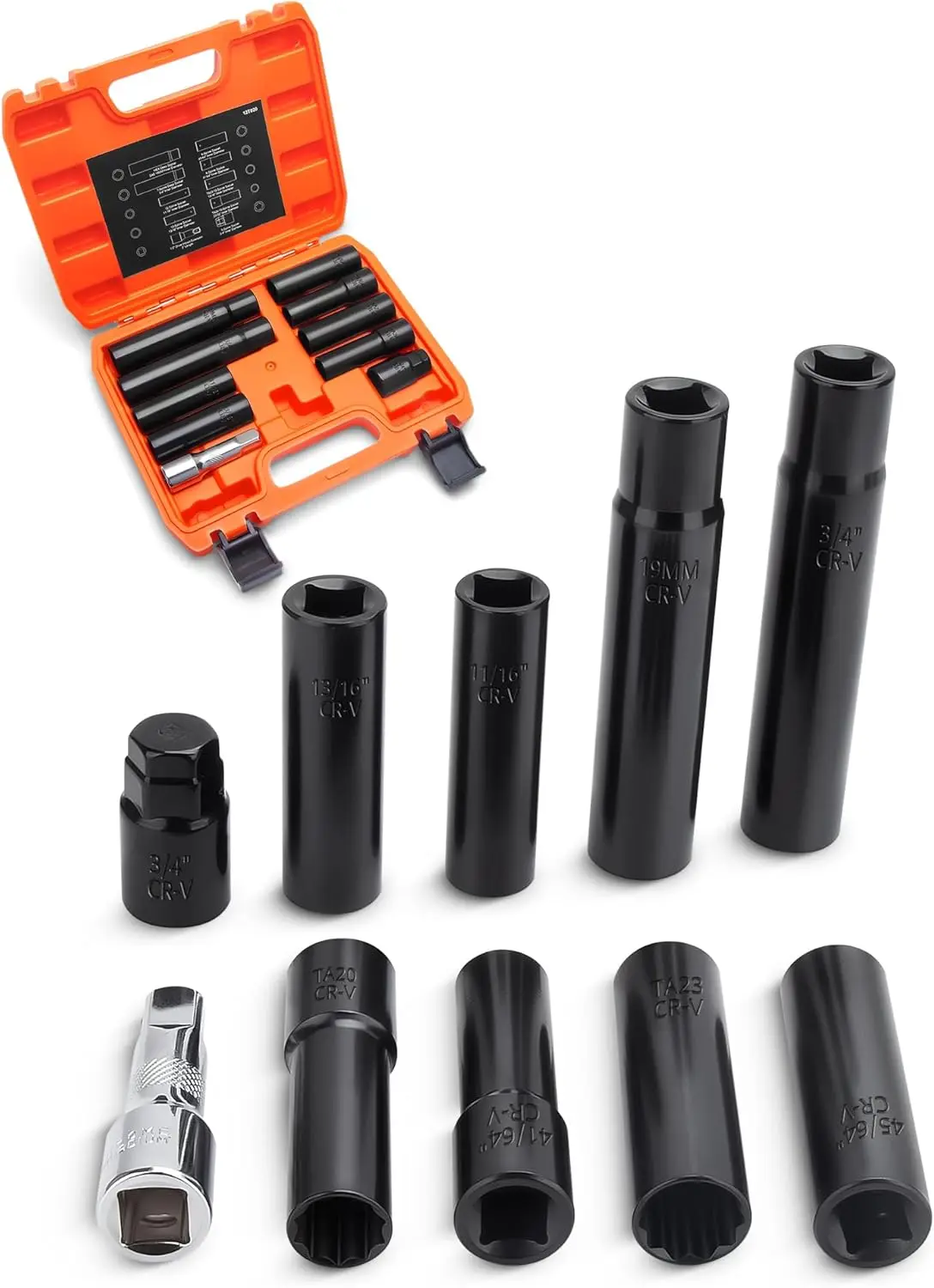 

10pcs Spline Lug Nuts Socket Set, 1/2' Impact Socket with 3' Extension for Aftermarket & Spike Lug Nuts, CR-V Steel, Fits 5,6,7,