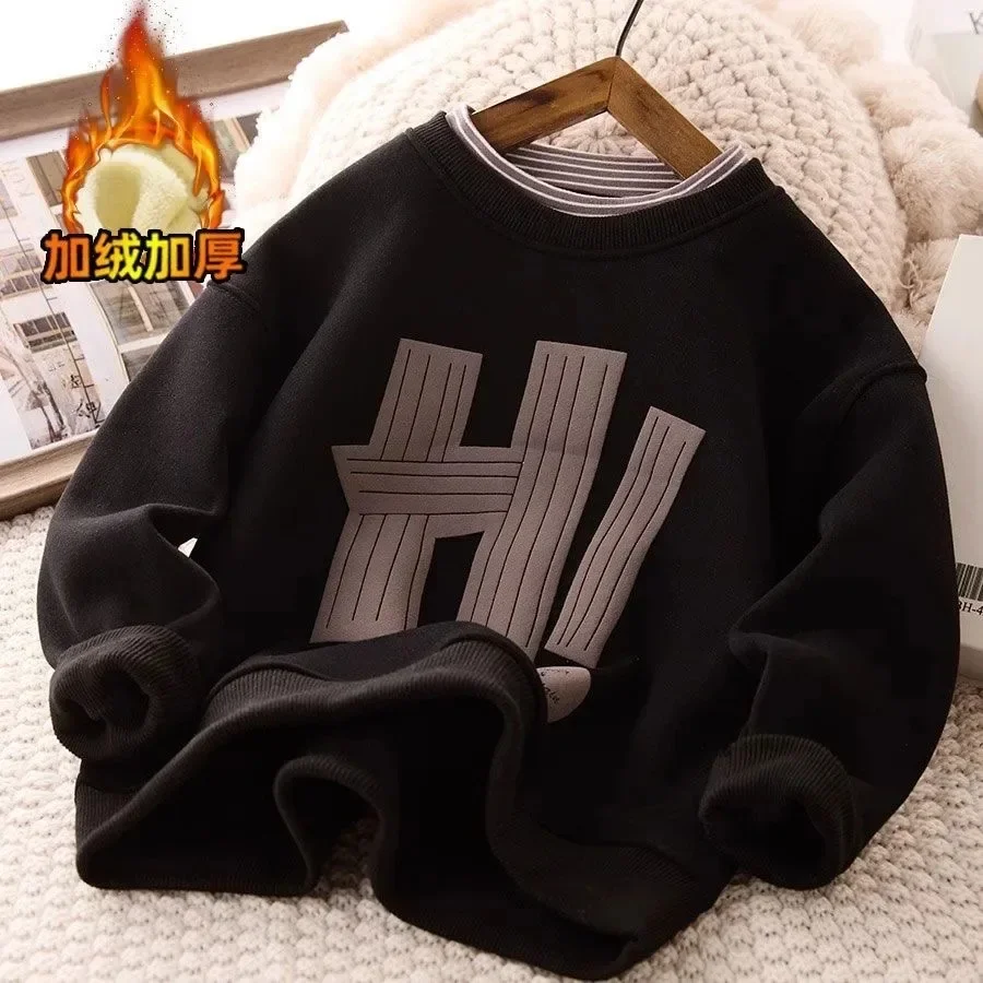Boys Velvet Sweatshirt Letter Pullover For Kids Teenagers Sweater Autumn Winter Children Tops Teenager Casual Clothes