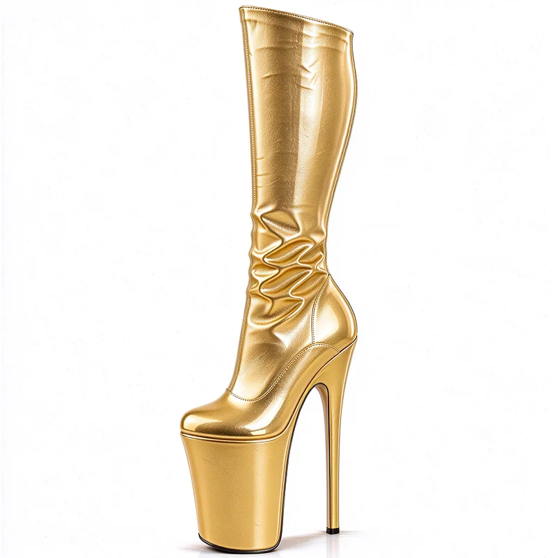 Women's Shiny Patent Leather Knee High Platform Boots 23cm Ultra High Stiletto Heel Round Toe Long Boots Sexy Pole Dance Shoes
