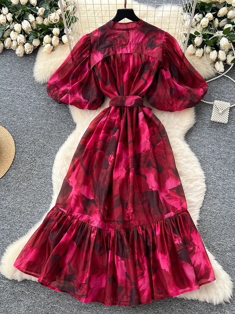 Light Luxury European High-end Printed Bubble Sleeve Dress for Women Summer with Straps Waist Cinching Elegant Party Dress S77