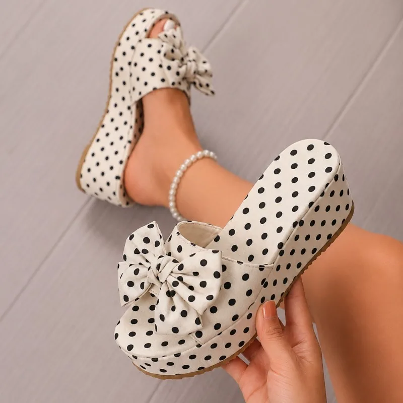Summer New Polka Dot Wedge Casual Women's Sandals 2026 Fashion Bow Decor Fish Mouth Platform Comfort Women Sandalias De Mujer