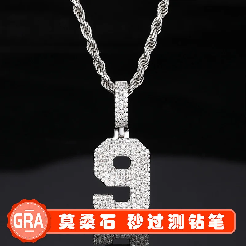 

S925 silver inlaid moissanite pendant solid digital pendant trendy men's and women's hip-hop accessories