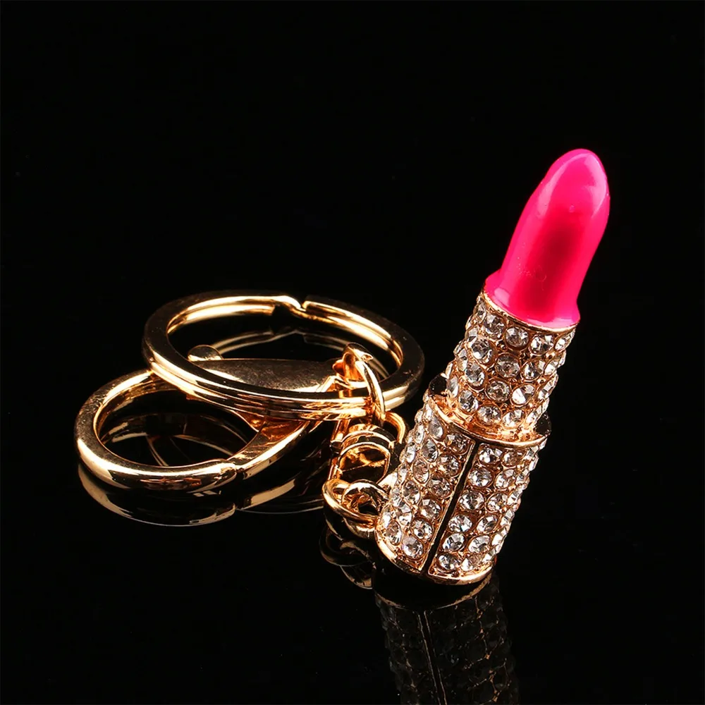 Key Chain Rhinestone Decoration Lipstick Keyring Pink Lipstick Makeup Keyring Elegant Rhinestone Keychain Handbags Accessory