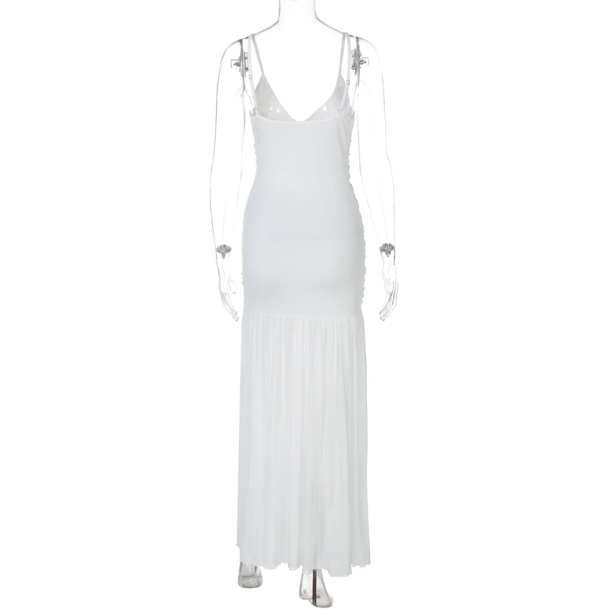 Sheer Mesh Patchwork Ruched Bodycon Maxi Party Dress Women Sexy Deep V-neck Spaghetti Straps Backless Vacation Beach Long Robe