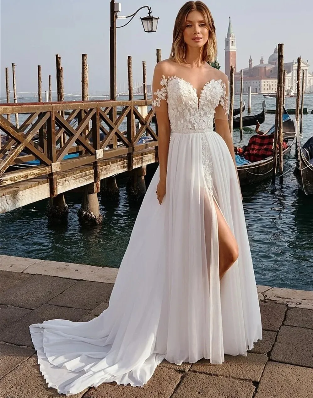 

Sexy A Line Wedding Dresses Sheer Illusion Lace Applique Chiffon Bride Gowns Princess Slit Bridal Dress Beach Robe de Mariee