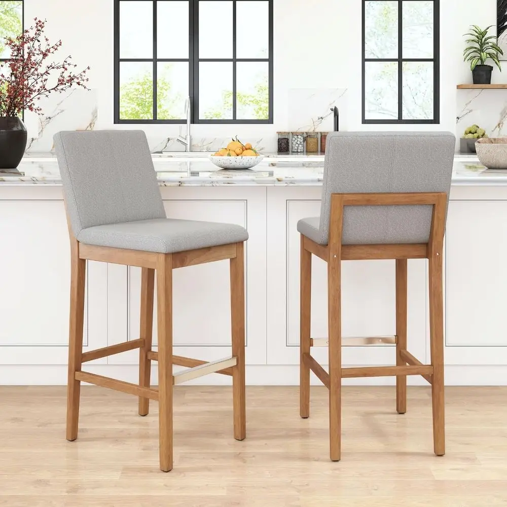 

Linen-Covered Bar Stools Set of 2, Upholstered with Backrest and Metal Footrest, Grey Kitchen Island High Chairs