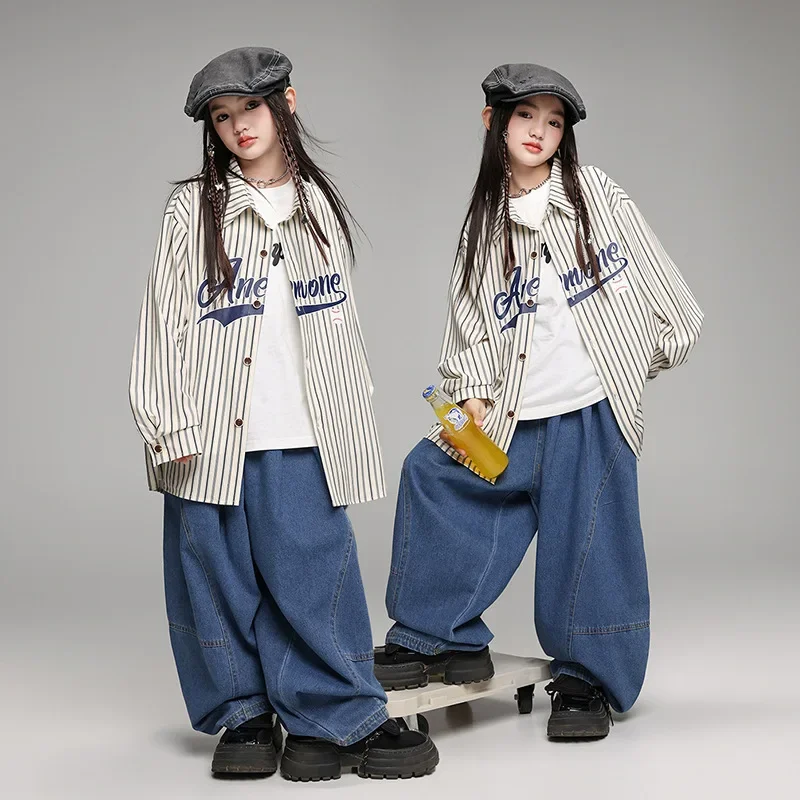 Girls Hip Hop Dance Costumes Casual Striped Shirts Loose Pants Suit Group Jazz Modern Dance Performance Stage Wear Clothes Sets