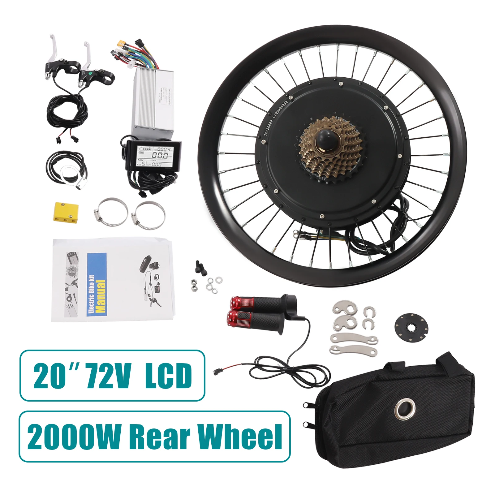 Kit di conversione bicicletta LCD ruota posteriore da 20 pollici 72V Kit bici elettrica ad alta potenza da 2000 W con display LCD Motore brushless 560 giri/min
