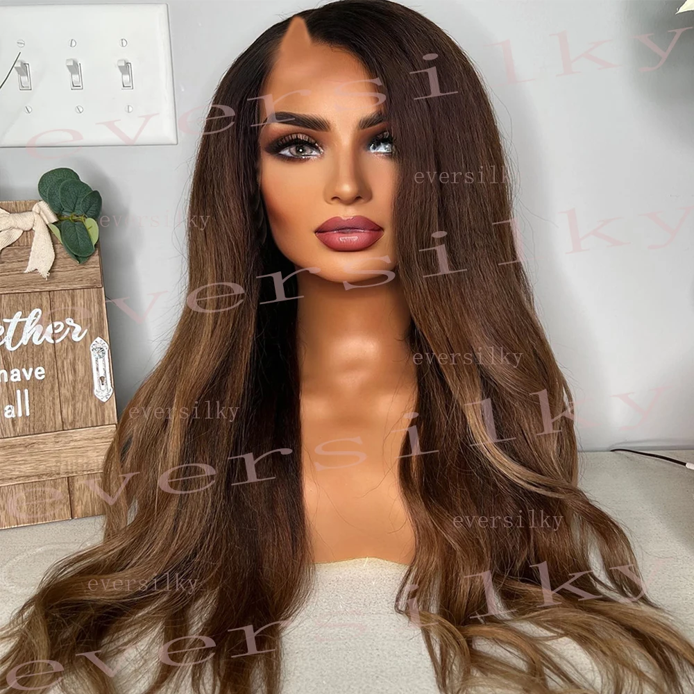 

Ombre Chestnut Brown Wavy Kinky Straight V Part Human Hair Wigs Body Wave Yaki Straight Highlights Honey Blonde U Shape Full End