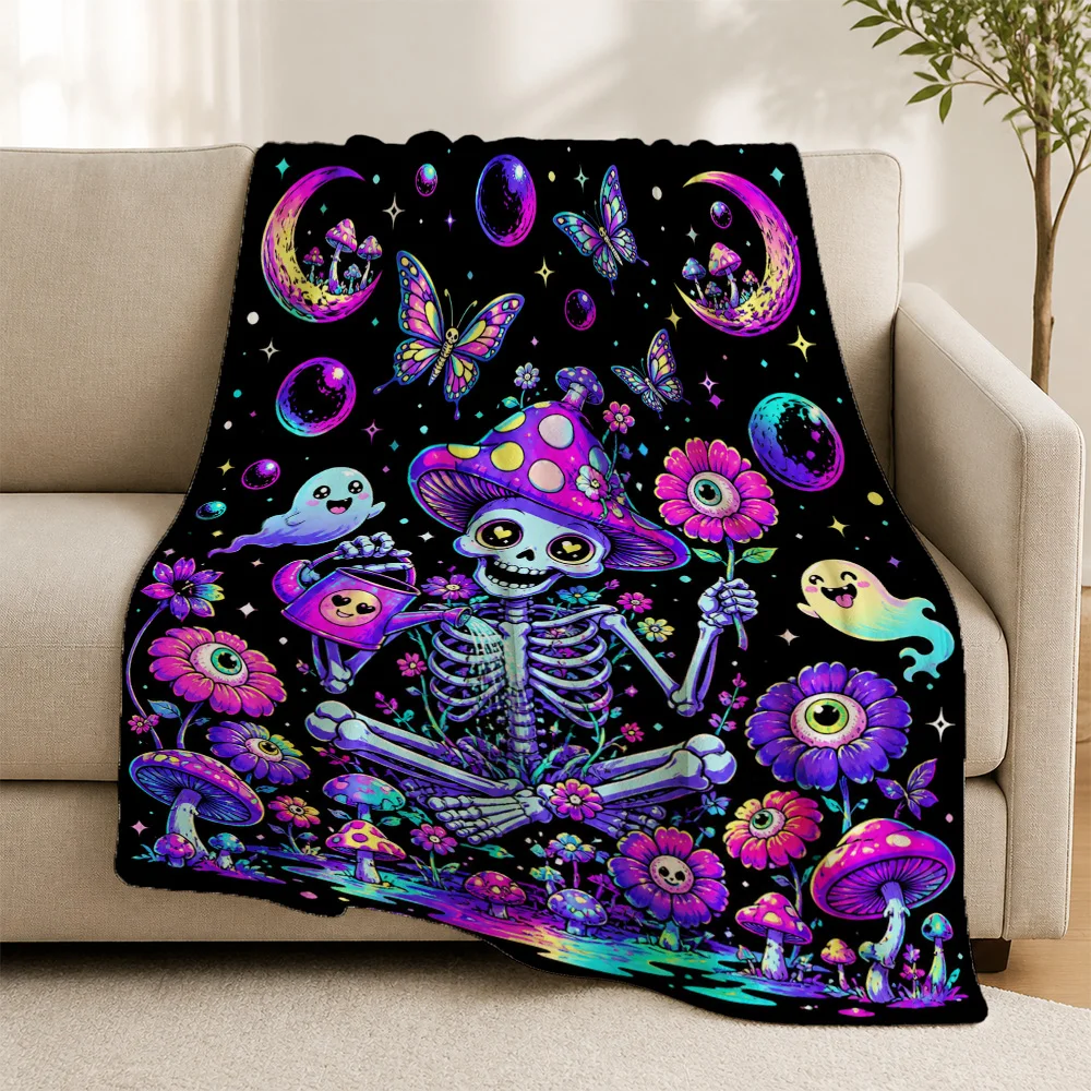 Boho Skeleton Mushroom Night Aesthetic Couch Throw Blanket Psychedelic Halloween Witchy Goth Fall Home Decor Fleece Blanket
