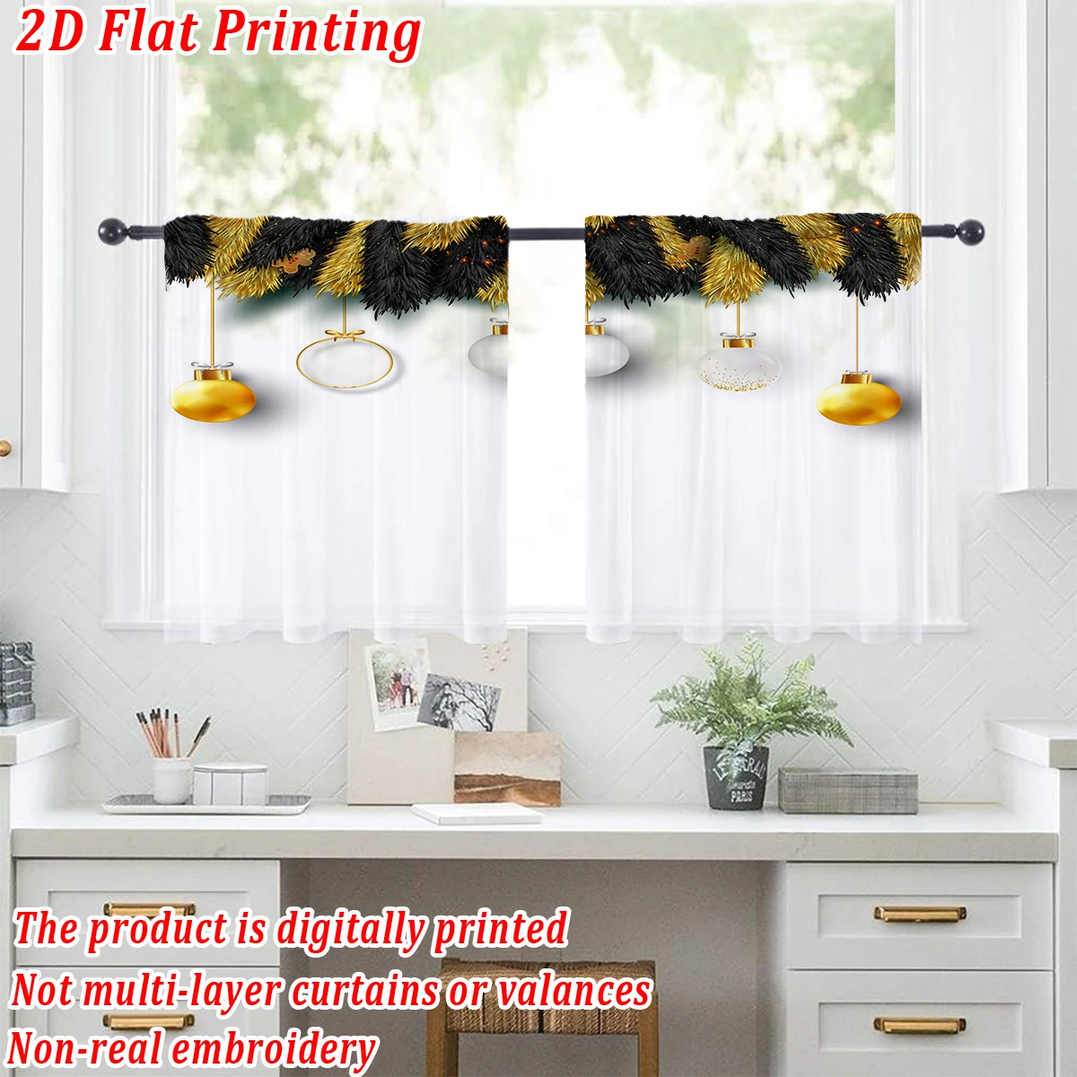 Christmas Flat Printing Kitchen Sheer Curtain with Christmas Ball Gingerbread Man Pine Branch For Christmas Home Decor  Party