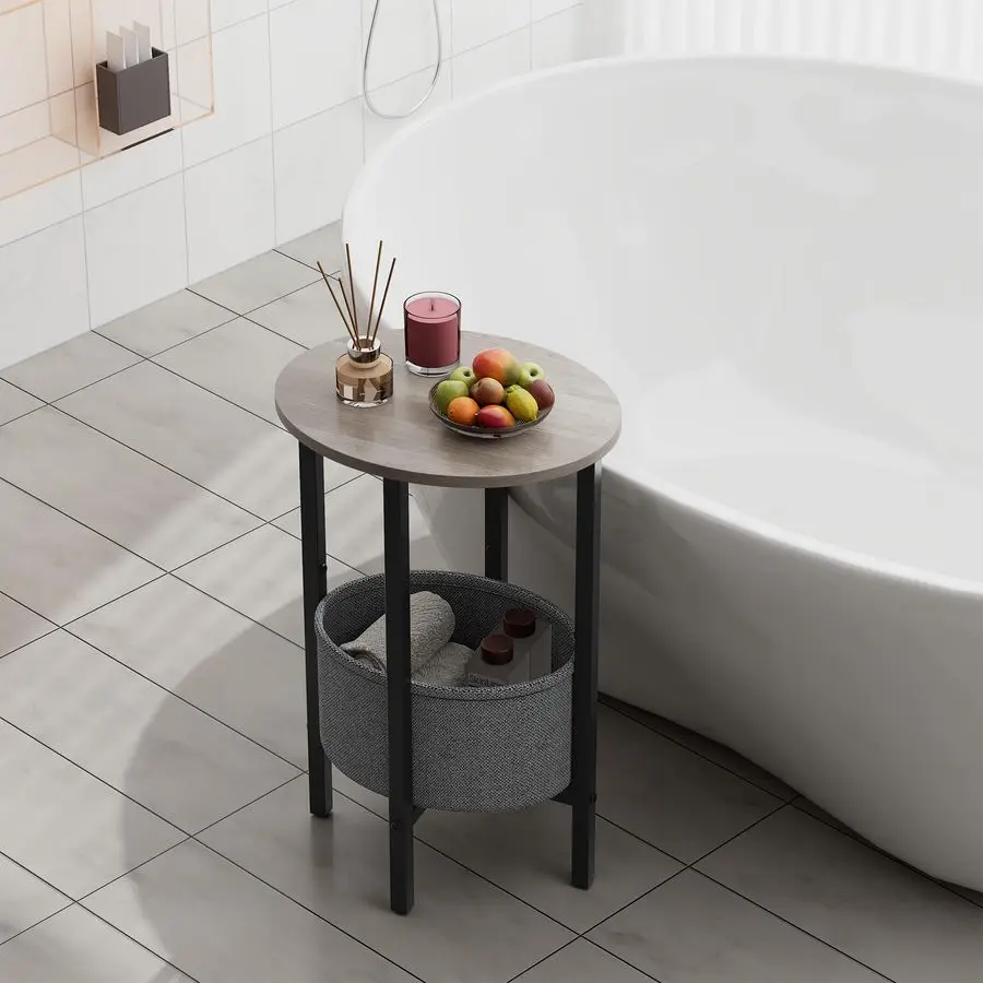 Round Side Table End Table with Storage Basket, Small Side Table Round Nightstand for Small Spaces, Tall Oval End Table with Ste