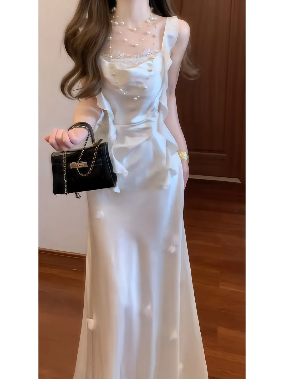 

French Style High Waist Lace Patchwork Satin Beautiful Unique Dress for Important Occasions Summer 2026 Soft Comfortable Gown