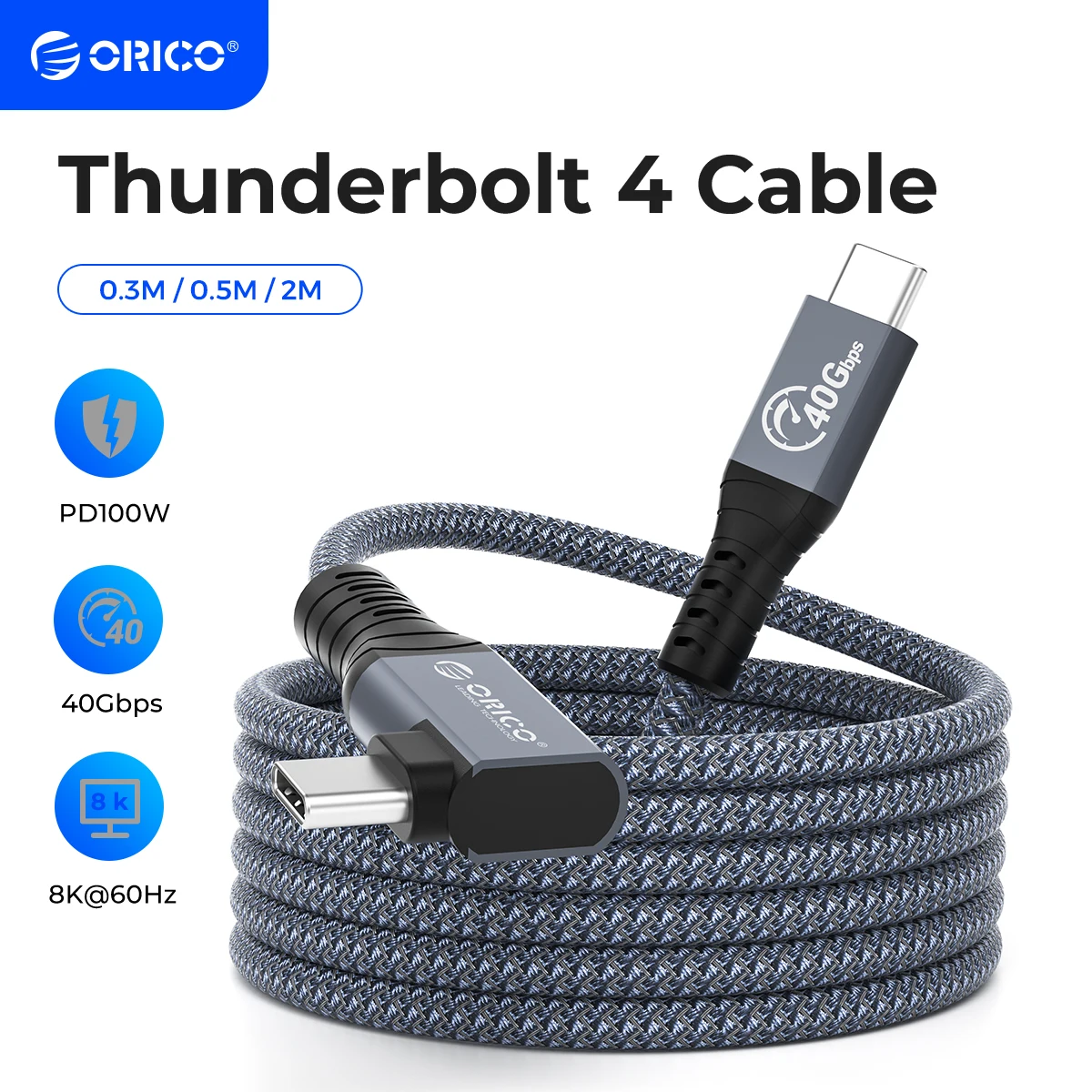 Kabel USB4 ORICO PD100W do wideo Thunderbolt 4 8K@60Hz 40 Gb/s Transfer danych Szybkie ładowanie Nylonowy oplot 2M do Macbooka Samsung