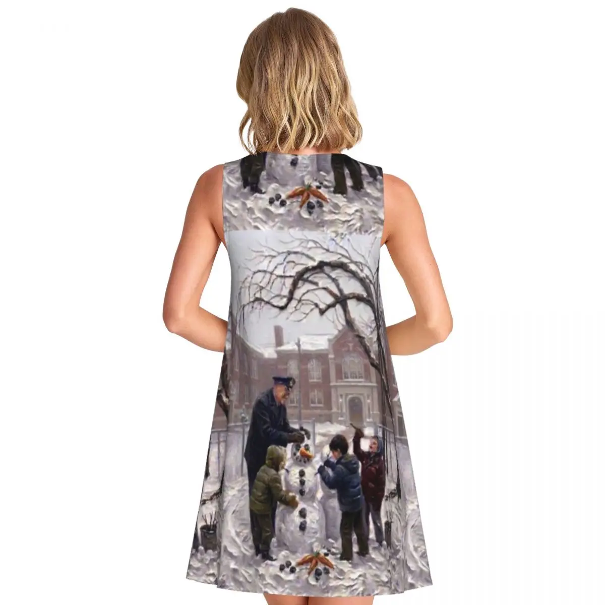 Winter Joy Building A Snowman At School Women's Sleeveless Street Outing Sweet Dress Leisureelegant Streetwear Dress