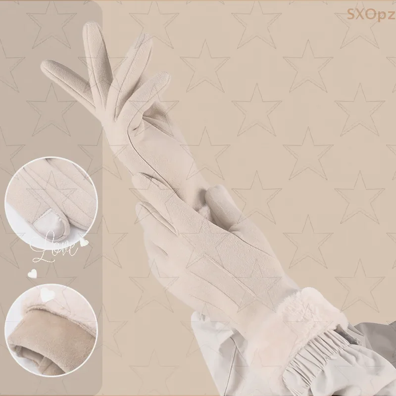 1 زوج المرأة قفازات الشتاء الدافئة قفازات لمس مع الفراء الكفة أفخم بطانة الدراجات الرياضة القيادة يندبروف قفازات دافئة