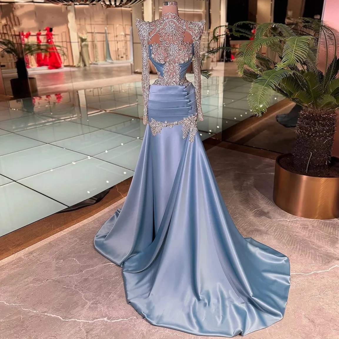 Unique Rhinestone Evening Dresses High Neck Prom Dress Rhinestone Beading See Through Mermaid Party Gowns Vestidos De Noche