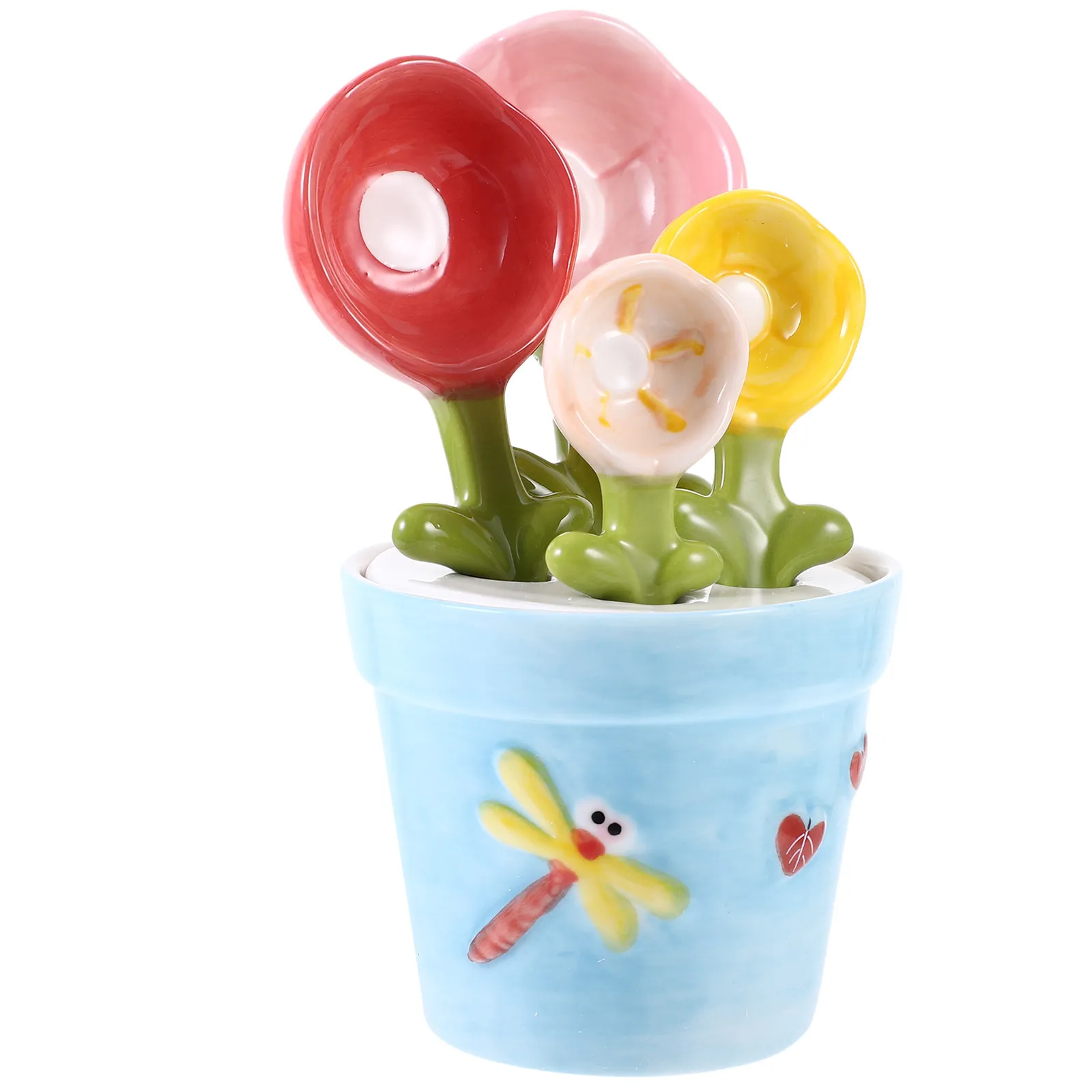 1Set Ceramic Flower Measuring Spoon Set Space Saving Holder Design Graduated Base for Baking Coffee Milk Powder Flour Sugar Salt