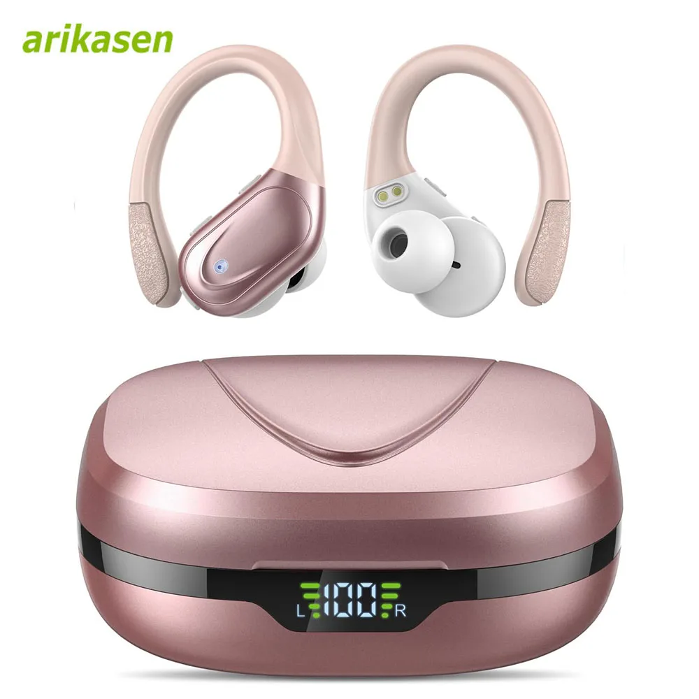 Bluetooth Headphones 5.3 Wireless Earbuds IPX7 Waterproof 80Hrs Over-Ear Stereo Bass Earphones with Earhooks Running Headset