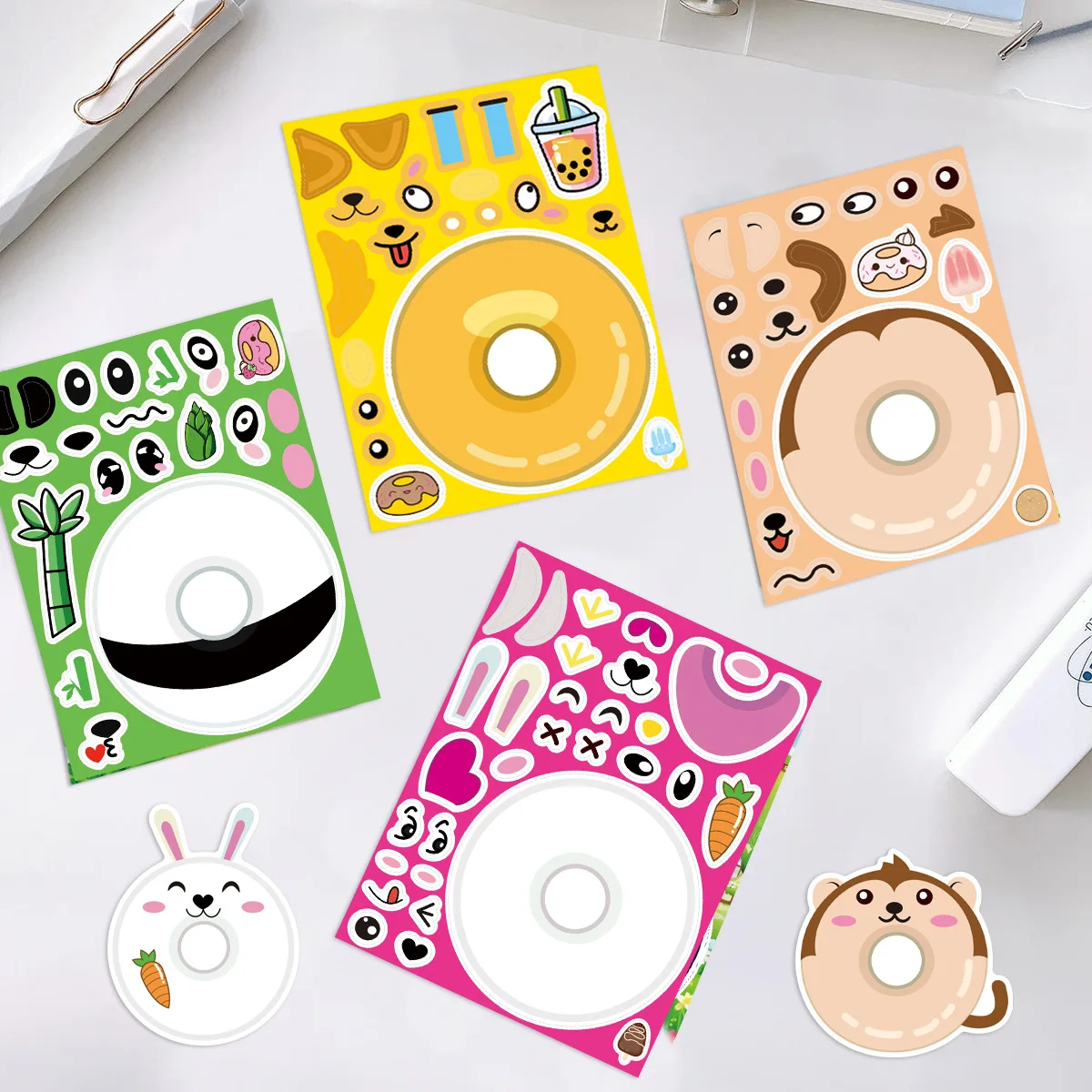 8/16/24Pcs Cartoon Animal Donut Make A Face Stickers Stationery Decals Notebook Phone Laptop Fridge Luggage Sticker