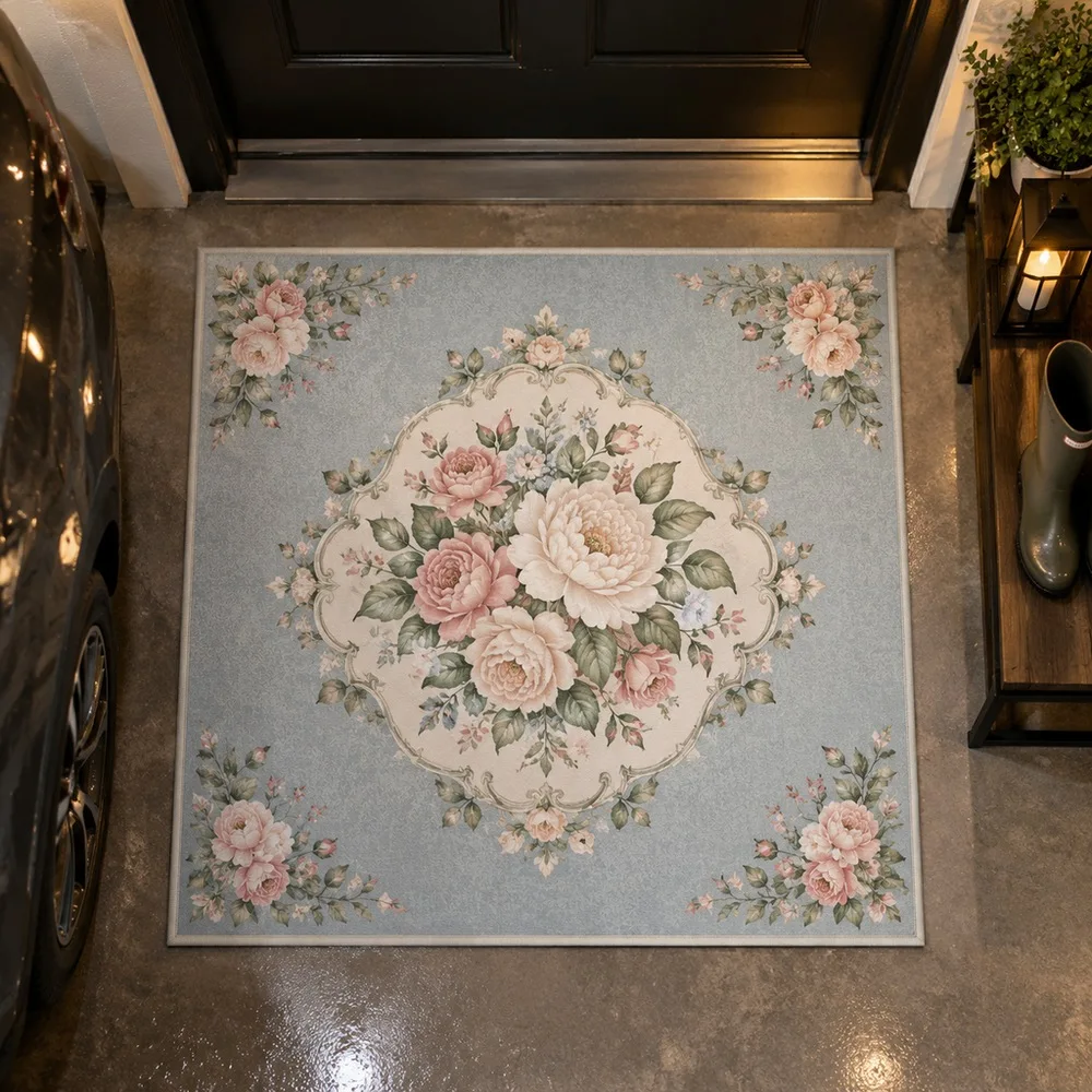 VIKAMA Floor Carpet Powder Blue Grey Peony Rose Bouquet Soft Quick Dry Reading Nook Walk In Closet Bathroom Hallway Home Decor