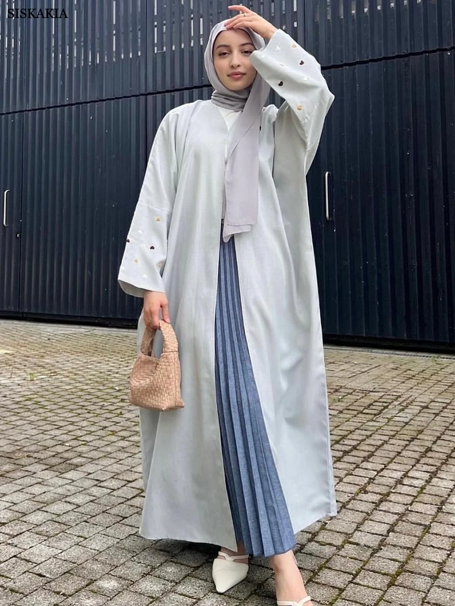 Siskakia Eid Dubai Fashion Love Embroidery Open Kimono With Pockets Saudi Women Abaya Islamic Clothing Moroccan African Kaftan