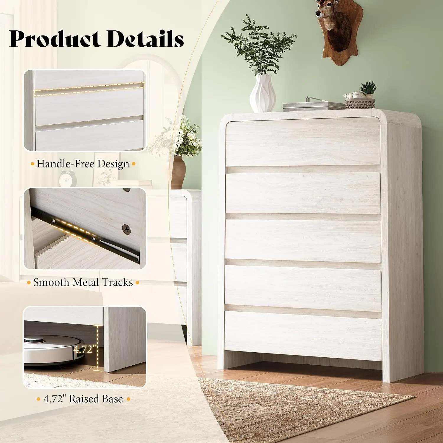 AMERLIFE Modern 3-Piece Bedroom Furniture Set with 5-Drawer Dresser and 2 Nightstands, Large Storage Capacity, Rounded Corners, Flexible Combination Design, Anti-Tip Kit Included, White view 4