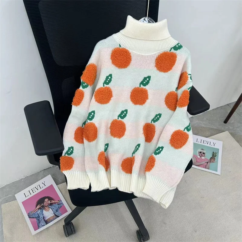 DAYIFUN Women Orange Embroidery Sweater Contrast Color Long Sleeve Turtleneck Knit Pullovers Female Autumn Fashion Loose Jumpers